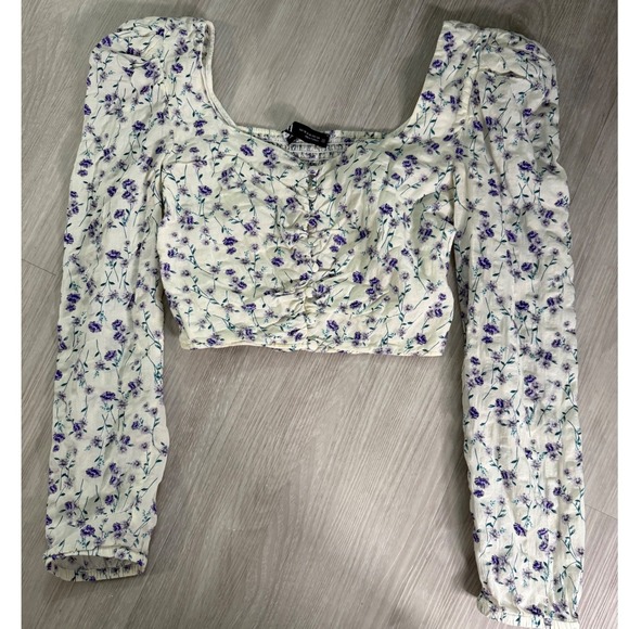 Zara Tops - Zara Purple Floral Square Neck Crop Top Long Sleeve Smocked Back XS